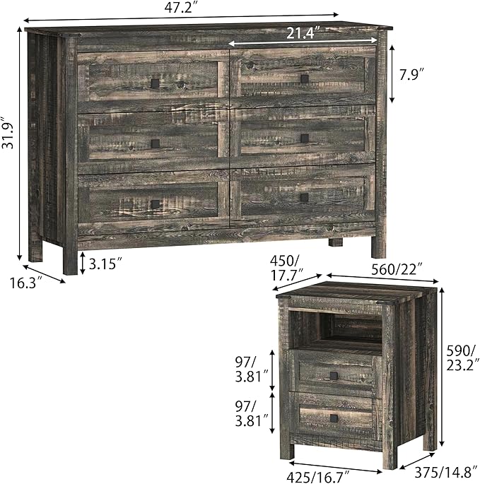 Farmhouse Bedroom Set, 3 Pieces Bedroom Furniture Set, Rustic Wood 6 Drawer Dresser and Nightstands, Chest of Drawers Wide Storage Organizer Cabinet for Bedroom