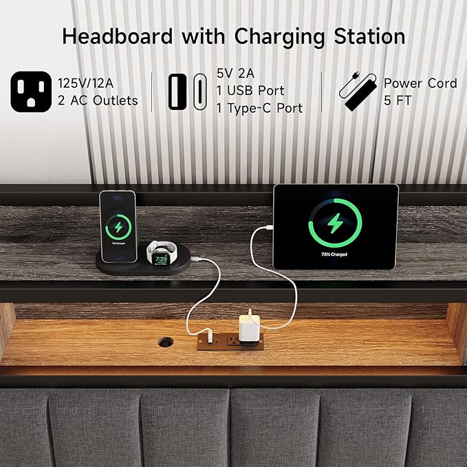 Ergonomic Headboard for King Size Bed with 2-Tier Storage, Upholstered Headboards with Outlets, USB Ports, LED Light, King Head Board Only, Height Adjustable, Sturdy and Stable, Black & Grey