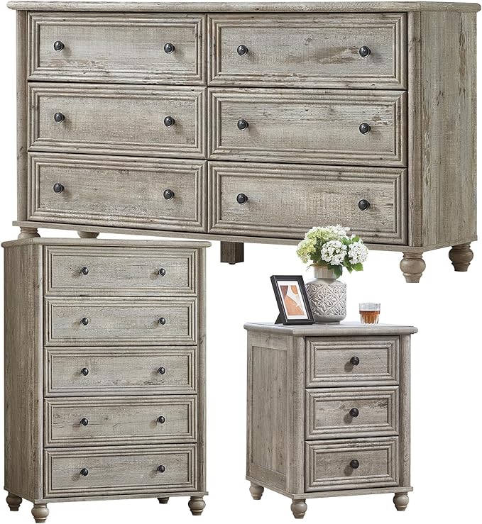 Farmhouse Dressers & Night Stand Set of 3, Wood 54" Wide Dresser & 45" Tall Chest of Drawers, 18" Roman Column Nightstand, Bedroom Furniture 6 Drawer Dresser Set for Bedroom Home Living Room Hallway