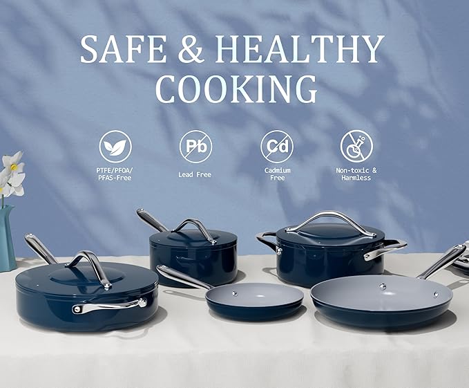 Ceramic Nonstick Pots and Pans Set 8-Piece Cookware Set - Non-Toxic & PTFE/PFOA/PFAS Free, Induction Compatible, Oven & Dishwasher Safe to 500°F, Navy Blue