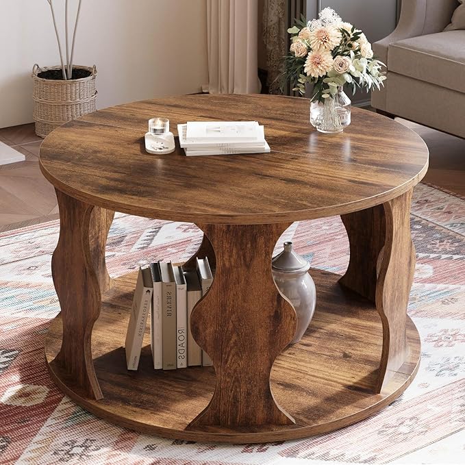 HSH Round Wood Coffee Table, Rustic Brown Circle Center Table with Storage, Farmhouse Wooden Living Room Coffee Tea Tables in Small Room, Unique Vintage 2 Tier Circular Middle Cocktail Table, 31.5 in