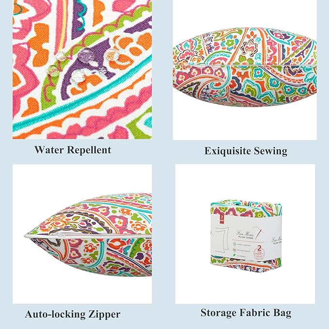 FUNHOME Outdoor Pillow Covers ONLY, No Insert! Pack of 2 Square Throw Pillow Covers, Decorative Water-Repellent Modern Cushion Cases for Sofa Patio Couch Decoration 18 x 18 Inch-Melora Paisley