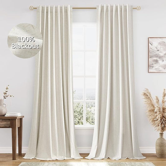 Cream Linen Blackout Curtains 90 Inch Length 2 Panels Set for Living Room Bedroom Back Tab Thermal Insulated 100% Black Out Linen Drapes Room Darkening Window Curtains 90 Inches Long Ivory Natural