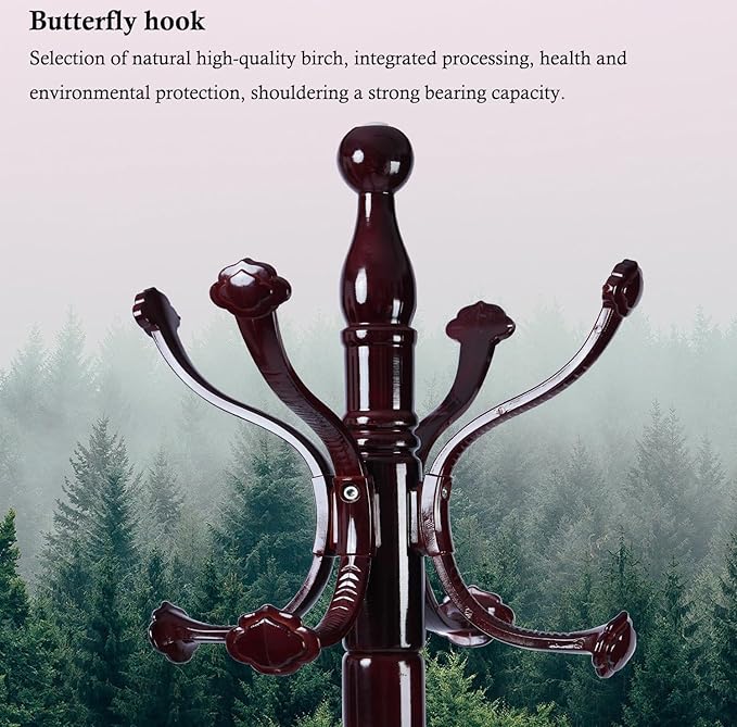 Coat Rack Stand, Solid Wooden Coat Tree with 14 Hooks, Heavy Duty Coat Rack Freestanding with Sturdy Round Base, Natural Birch Wood Coat Hanger Stand for Entryway Bedroom (Ruyi)