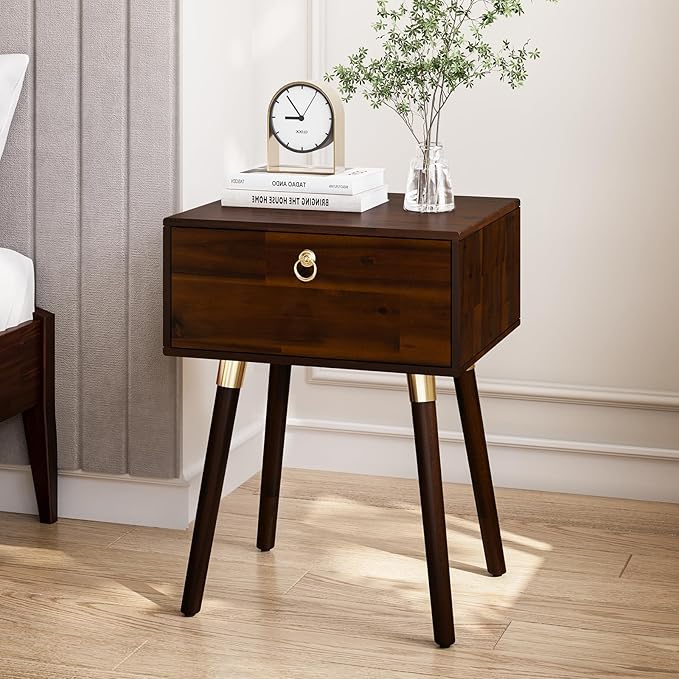 Bme Alden Wood Nightstand, Solid Wood End Table, Mid Century Modern Nightstand, Side Table with 1 Drawer, Compact for Bedroom, Living Room & Study Room, Easy Assembly, Walnut