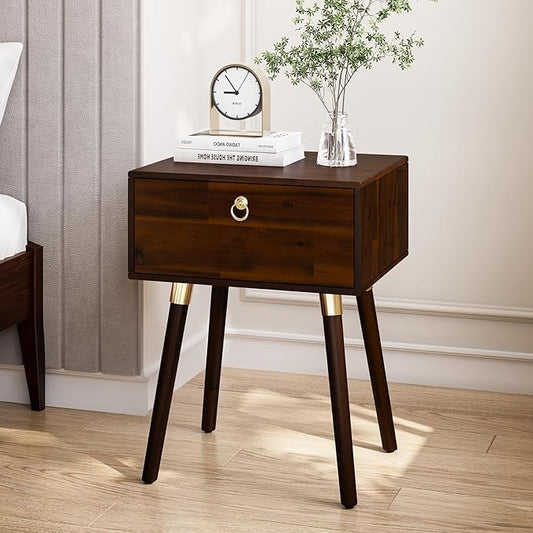Bme Alden Wood Nightstand, Solid Wood End Table, Mid Century Modern Nightstand, Side Table with 1 Drawer, Compact for Bedroom, Living Room & Study Room, Easy Assembly, Walnut
