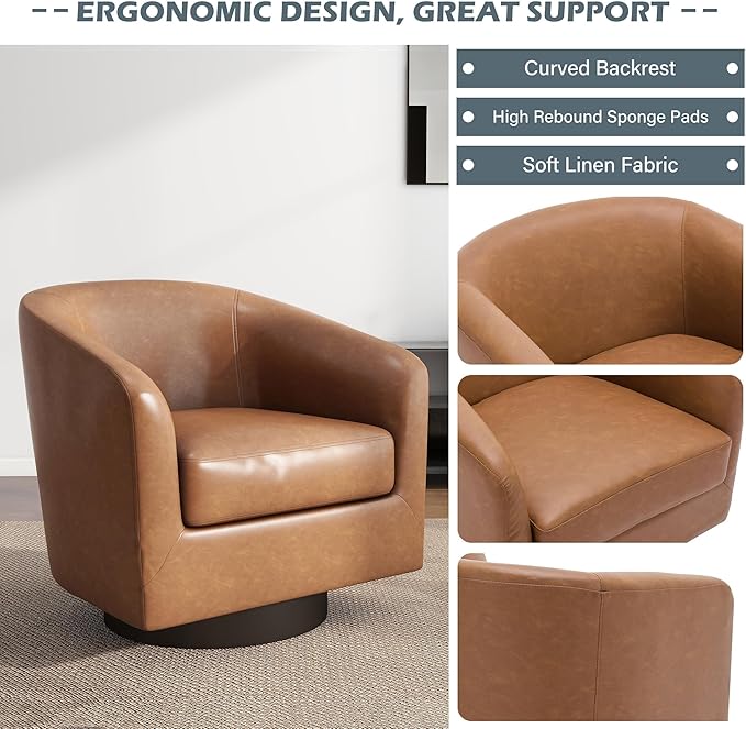 UIXE Faux Leather Swivel Barrel Accent Chair, Upholstered Armchair Club Chair for Living Room, Round Arm Chair Bedroom Single Sofa Reading Seat - Brown