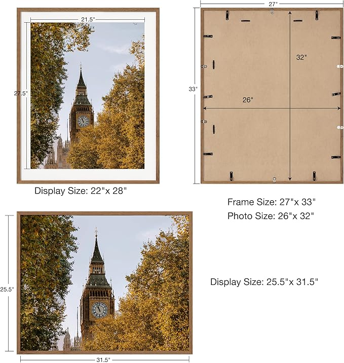 Axeman 26x32 Frame | Solid Oak Wood 26x32 Poster Frame With Mat for 22x28 | 32x26 Wood Picture Frame | Tempered Glass and Hanging Hardware Included Home Wall Decor Art Hanging Frame | Walnut