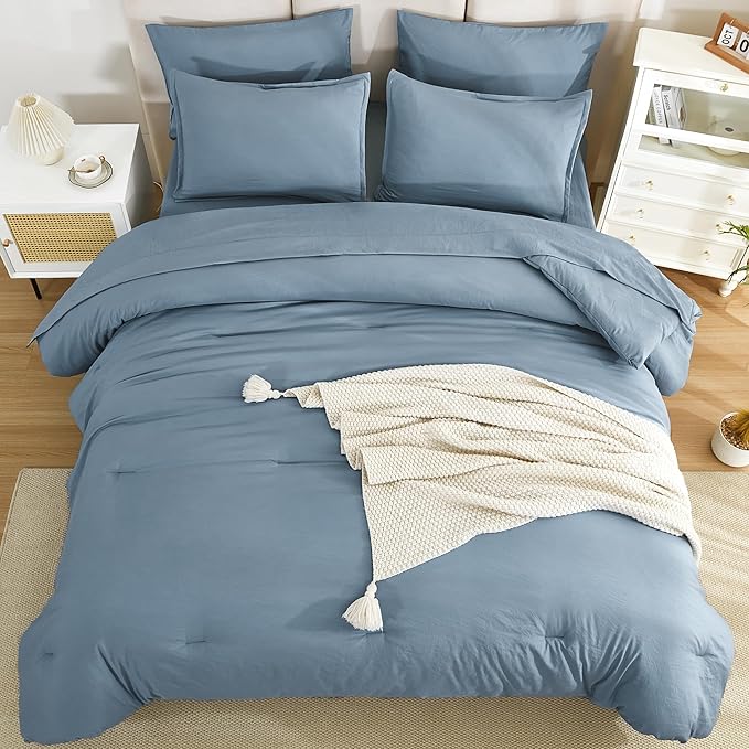 Litanika Comforter King Size Set Grayish Blue - 7 Pieces Bed in a Bag King Bedding Comforter Sets, Plain Lightweight Bed Set with Comforter, Sheets, Pillowcases & Shams