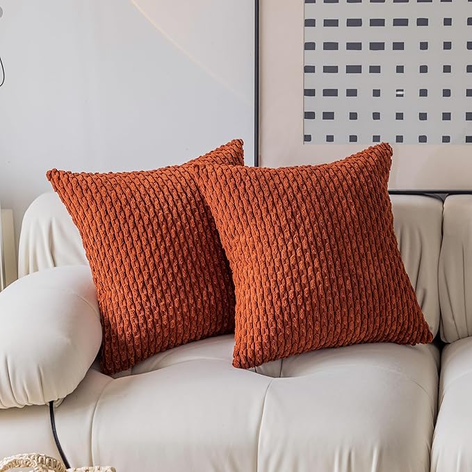 Kevin Textile Fall Pack of 2 Corduroy Decorative Throw Pillow Covers 22x22 Inch Soft Boho Striped Pillow Covers Modern Farmhouse Home Decor for Spring Sofa Living Room Couch Bed Burnt Brick