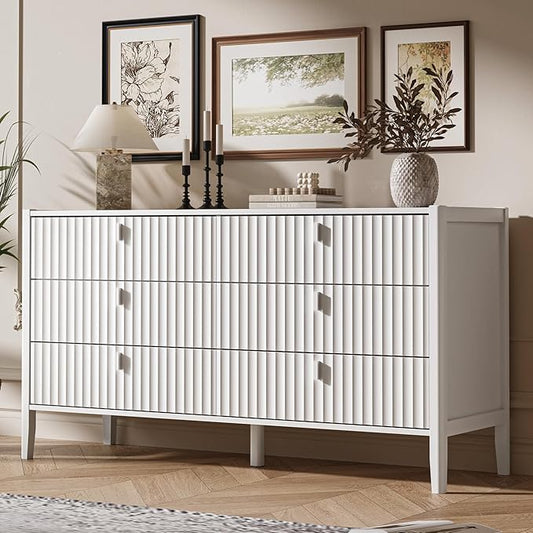 White 6 Drawer Dresser for Bedroom, Modern Wood Dresser, Fluted Design Double Chest of Drawers with Wood Legs, TV Stand Storage Cabinet for Bedroom, Living Rooms, Offices, and Entryways