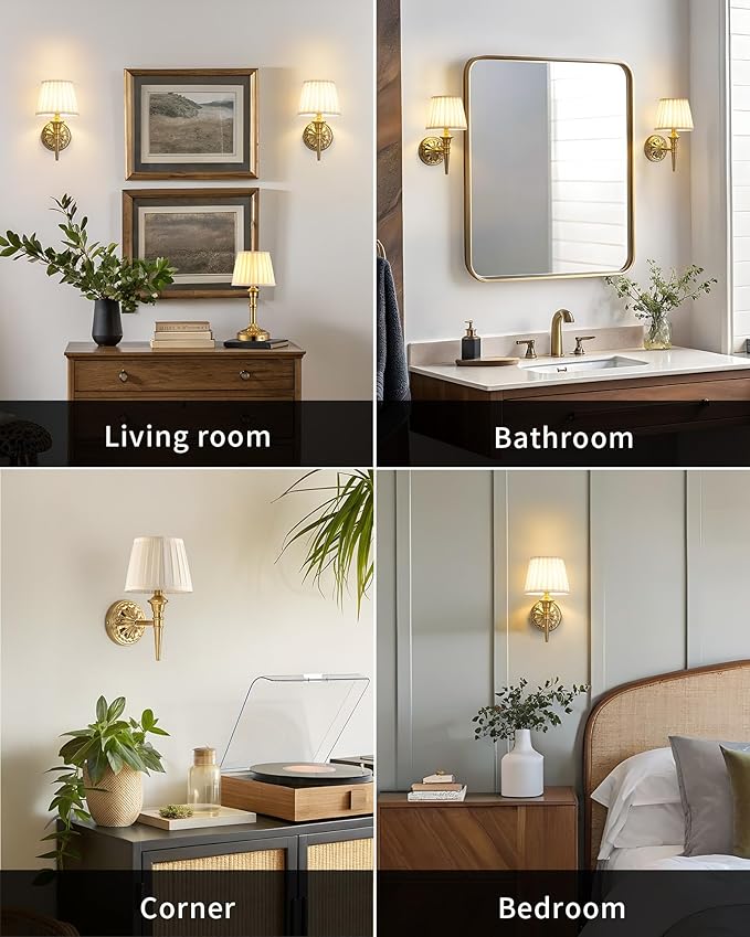 KDG Cordless Wall Sconces Set of 2, Small Wireless 5200mAh Rechargeable Battery Fabric LED Wall Lamps, Portables Lightings for Wall Painting, Living Room, Bedroom, Hallway, Gifts, Night Light (Gold)