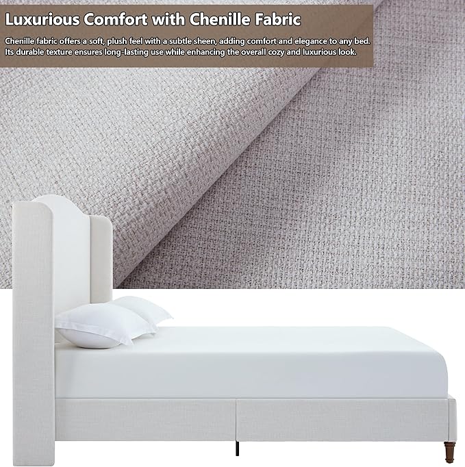 Queen Wingback Bed Frame, 54" Tall Headboard, Chenille Upholstery, Heavy Duty Support, Solid Wood Feet, Easy Assembly (Ivory White Chenille Camelback,Queen)