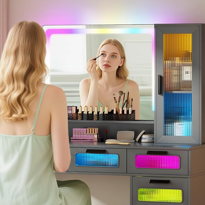 LED Makeup Vanity Desk with 20" Mirror and Light, Smart Dressing Table with 6 Drawers, 3 Shelves, 24 Color Lighting Modes, Cushioned Stool, USB Type-C Storage for Bedroom Dressing Room Gray
