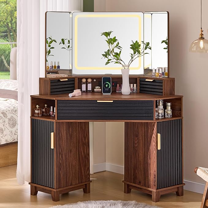 AOGLLATI Large Fluted Corner Vanity Desk with HD Triple Mirror and Lights, Makeup Vanity Desk with 3 Drawers & 3 Cabinets, Modern Dressing Table with Charging Station for Bedroom, Black