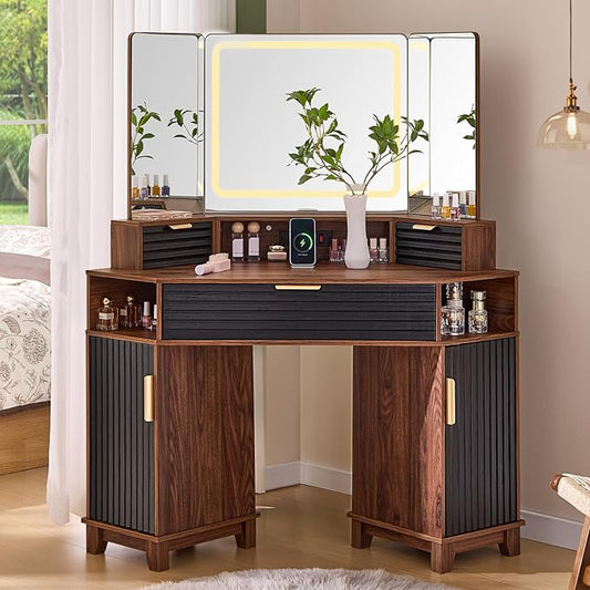 AOGLLATI Large Fluted Corner Vanity Desk with HD Triple Mirror and Lights, Makeup Vanity Desk with 3 Drawers & 3 Cabinets, Modern Dressing Table with Charging Station for Bedroom, Black