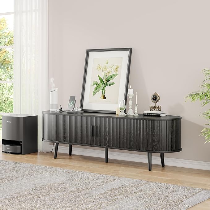 Alohappy 59" Mid Century Modern TV Stand with Charging Station, Curved Edge Fluted TV Console Table with Drawer and Shelf, Farmhouse Media Entertainment Center for Living Room, Bedroom, Black