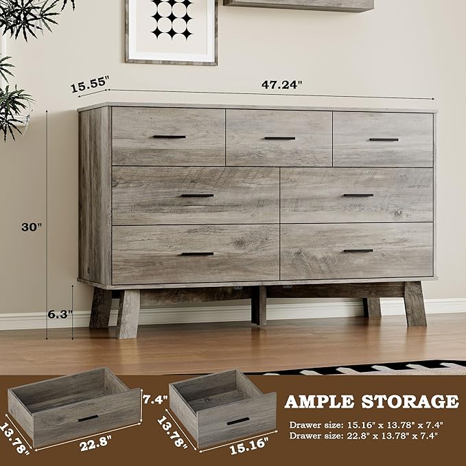 Dresser for Bedroom with 7-Drawer, 47.2" Wide Modern Chest of Drawers with Metal Handles, X-Shape Base & Adjustable Center Leg, Anti-Tip Closet Organizers and Storage