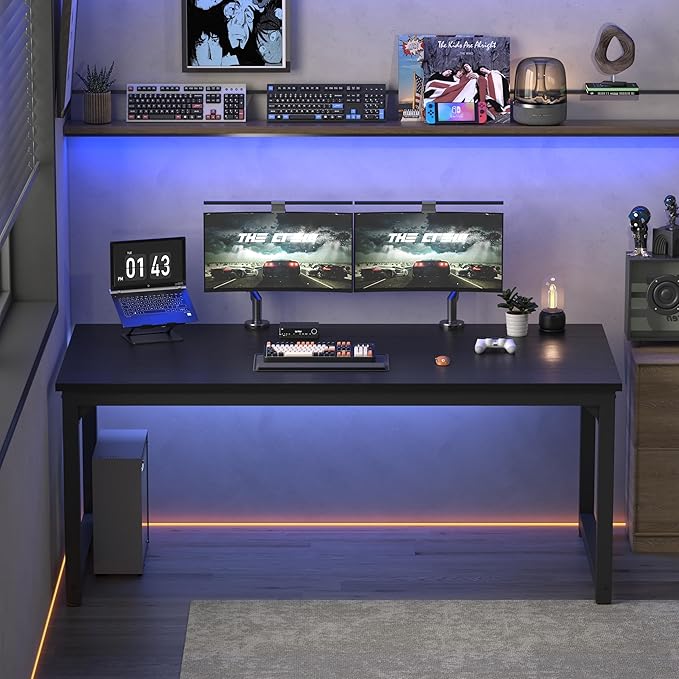 NSdirect 70" Computer Desk,Large Home Office Desk Wide Workstation 1 inch Thicker Tabletop for Writing,Games and Home Work PC Desk Modern Finish Wood Board and Sturdy Steel Legs, Black