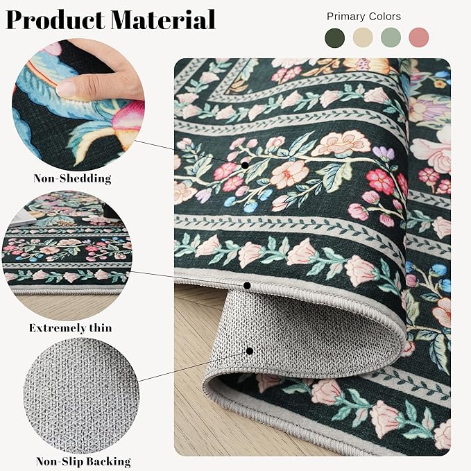 Bedroom Rug 3x5 Rug Washable Area Rug Non Slip Low Pile Vintage Floral Small Carpet for Bedroom, Bedside, Kitchen, Entryway, Kids Room, Office, Green