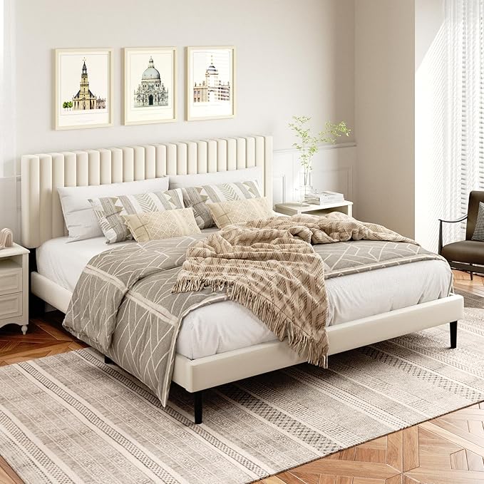 King Size Bed Frame,King Size Platform Bed Frame and Velvet Upholstered Headboard with Strong Wood Slats, Box Spring Optional, Mattress Foundation, Easy Assembly Beige
