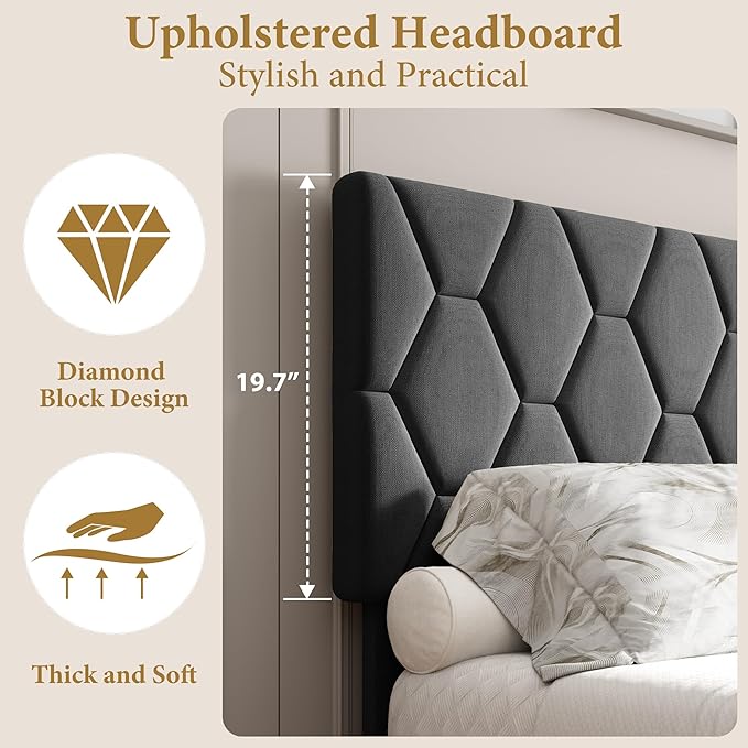 GAOMON Grey Queen Bed Frame with Upholstered Headboard, Heavy-Duty Platform Bed Frame with Strong Wood Slats, No Box Spring Needed/Easy Assembly/Noise Free