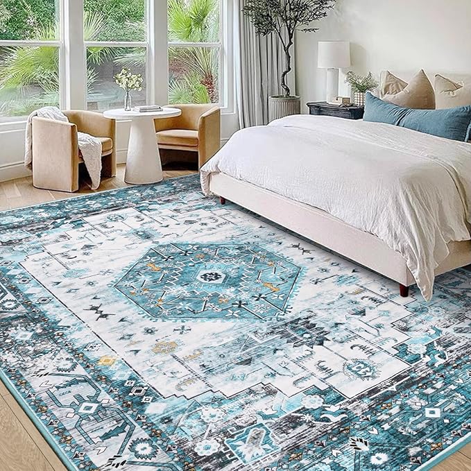 5x7 Area Rugs for Living Room, Non Slip Vintage Floral Rug for Bedroom Dining Room, Low Pile Indoor Carpet for Nursery, Kitchen, Office Home Decor, Blue