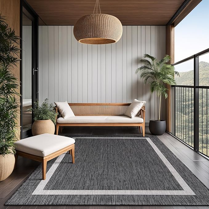 Bordered Outdoor Rug 5x7 Washable Outside Carpet for Indoor Patio Porch Waterproof Easy Cleaning Non Shedding Area Rugs Gray 5 x 7