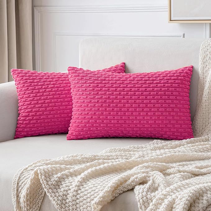 MIULEE Throw Pillow Covers Soft Corduroy Decorative Set of 2 Boho Striped Pillow Covers Pillowcases Farmhouse Home Decor for Spring Couch Bed Sofa Living Room 12x20 Inch Hot Pink