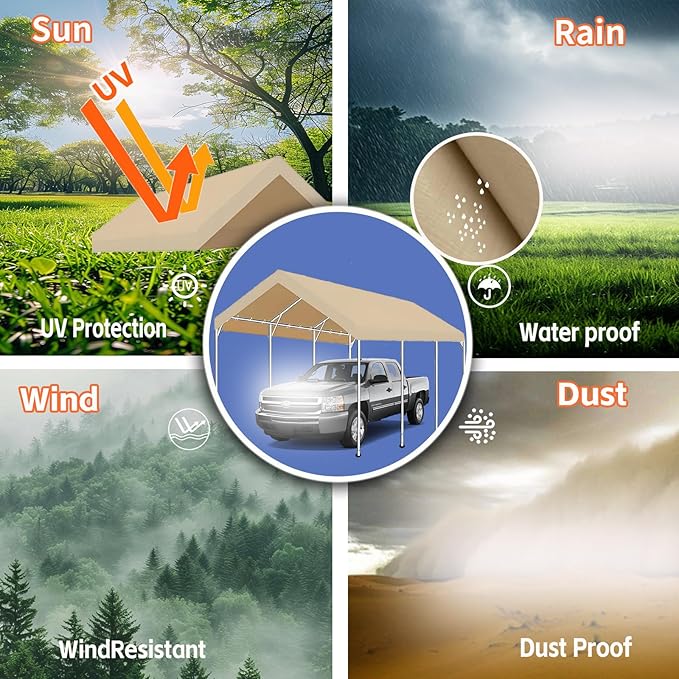 10' x 20' Carport Replacement Canopy Cover for Carport Frame Garage Top Tarp Shelter Tent Party Heavy Duty (Only Top Cover, Frame is not Included) (Beige, 10' x 12')