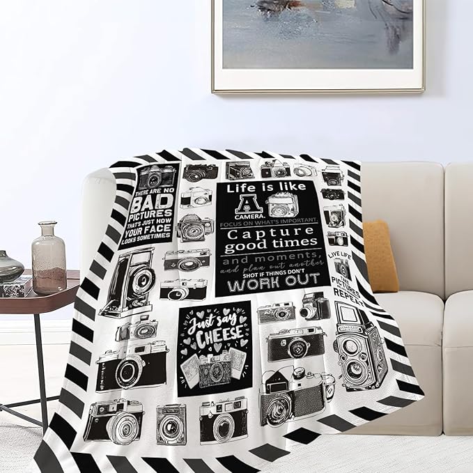 Yibuda Retro Camera Blanket Photography Flannel Plush Throw Blanket Cozy Black White Decor Fleece Stuff Blanket Gifts for Lover Girls Boys Kids Adults Women Bed Travel 50"x60"