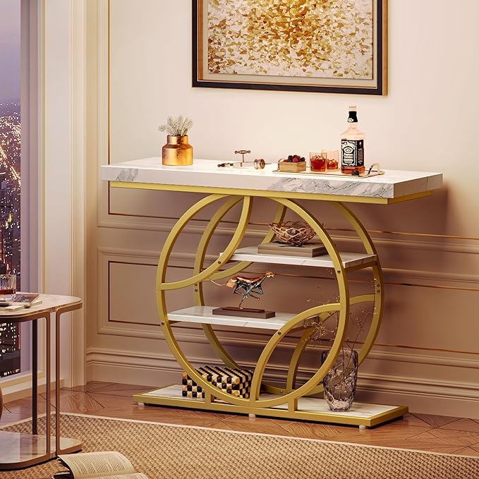 Huuger 41.3 Inch Entryway Table with Marble Top, Modern Console Sofa Table, Accent Table with Shelves, for Entry, Hallway, Entrance, Foyer, O-Shaped Metal Frame, White Marble & Gold