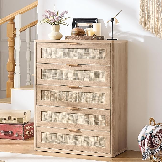 LEYAOYAO Rattan Dresser for Bedroom, 41" Tall Chest of Drawers, Modern 5 Drawers Boho Dressers with Storage, Light Oak Dresser Wooden Closet Organizer for Living Room, Hallway, Natural Wood