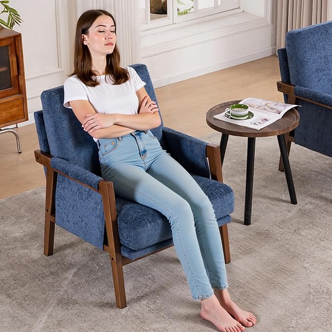 Mid Century Modern Accent Chair with Wood Frame, Upholstered Living Room Chairs with Wide Armrest, Chenille Fabric Lounge Reading Arm Chair for Bedroom, Reading Room, Balcony, Navy