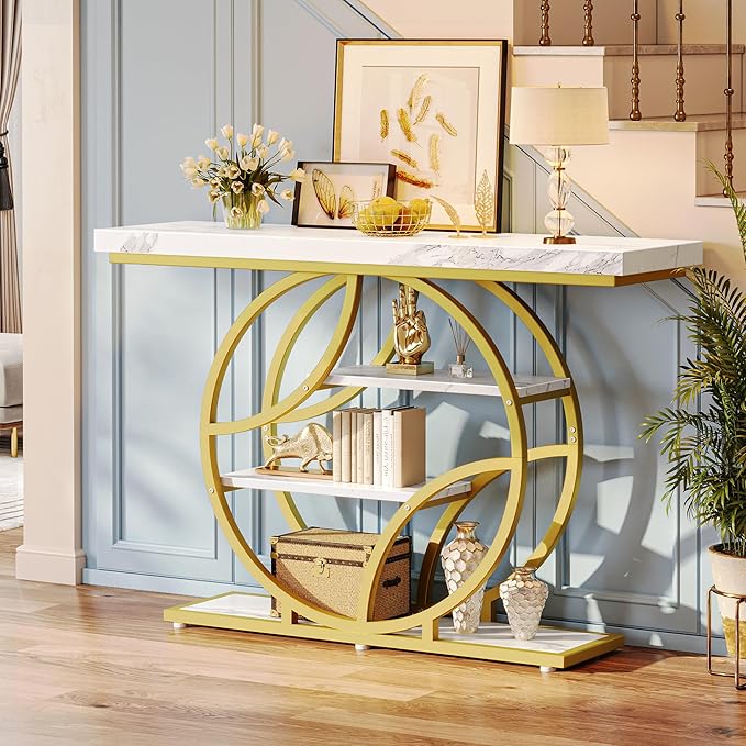 Huuger 47.2 Inch Entryway Table with Marble Top, Modern Console Sofa Table, Accent Table with Shelves, for Entry, Hallway, Entrance, Foyer, O-Shaped Metal Frame, White Marble & Gold