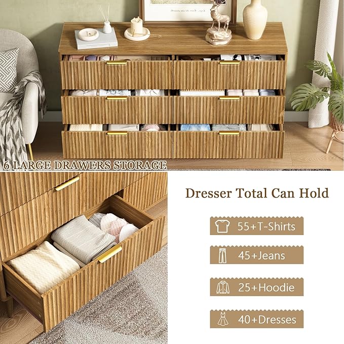 CARPETNAL Fluted 6 Double Drawers Dresser for Bedroom, 55”Wide Modern Chest of Drawers with Deep Drawers,Curved Profile Design, Wood Drawer Organizer for Bedroom Living Room, Hallway, Natural Oak