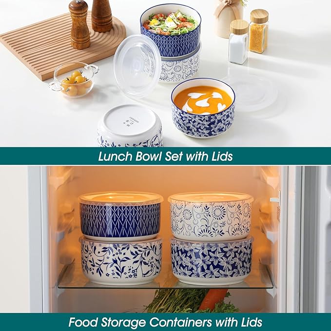 vancasso 36 Oz Mixing Bowls with Lids Set of 4,Ceramic Serving Bowls,Porcelain Bowls with Lids for Food Storage, Mixing Bowls for Kitchen, Microwave & Dishwasher Safe,Series SELENE (4PCS)