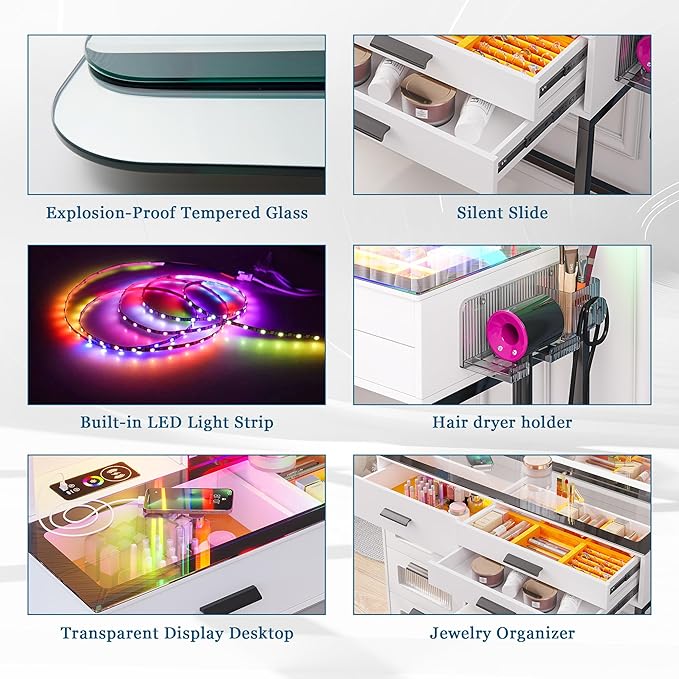 RGB Vanity Desk with Sliding Mirror and Lights, LED Makeup Vanitys with Charging Station, Glass Top Dressing Table Set with Jewelry Organizer,6 Drawers,Stool,Shelves for Bedroom(White)