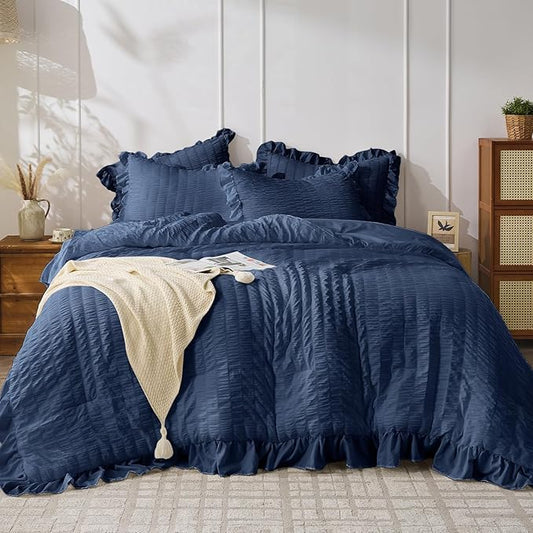 JOLLYVOGUE Navy Blue King Comforter Set, 3 Pieces Seersucker Comforters King Size, Lightweight & Fluffy Bedding Sets King for All Season with 1 Ruffle Comforter and 2 Ruffle Pillowshams