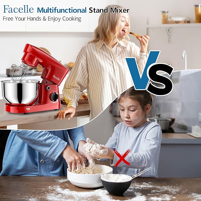 Facelle Stand Mixer, 10-Speed 6QT Kitchen Electric Mixer, Tilt-Head Food Mixer with Beater, Dough Hook, Wire Whip and Egg Separator, scraper for Most Home Cooks - Red