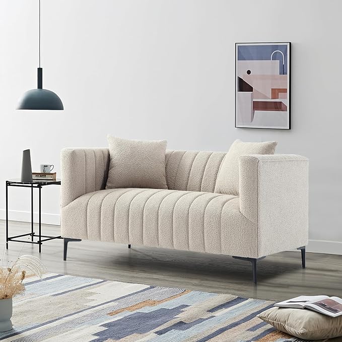 Get Set Style Modern Accent Loveseat Sofa Couch, Tufted Boucle Upholstered Sherpa Deep Seat Cloud Couch with 2 Pillows,Comfy 2 Seater Love Seat for Living Room Apartment Office Lounge Studio (Taupe)