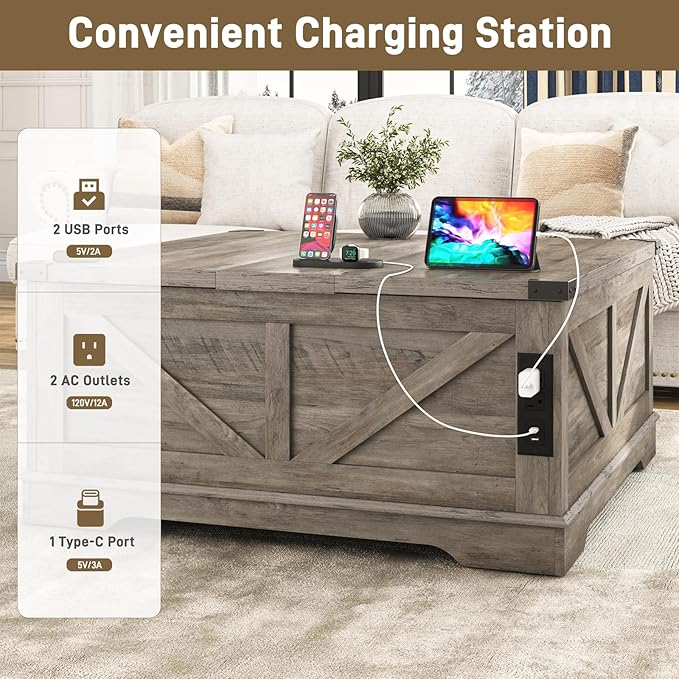 40” Large Farmhouse Lift Top Coffee Table with Power Outlets and Large Hidden Storage, Square Wood Living Room Tables, Multi-Function Lift Wooden Barn Door Center Table, Grey