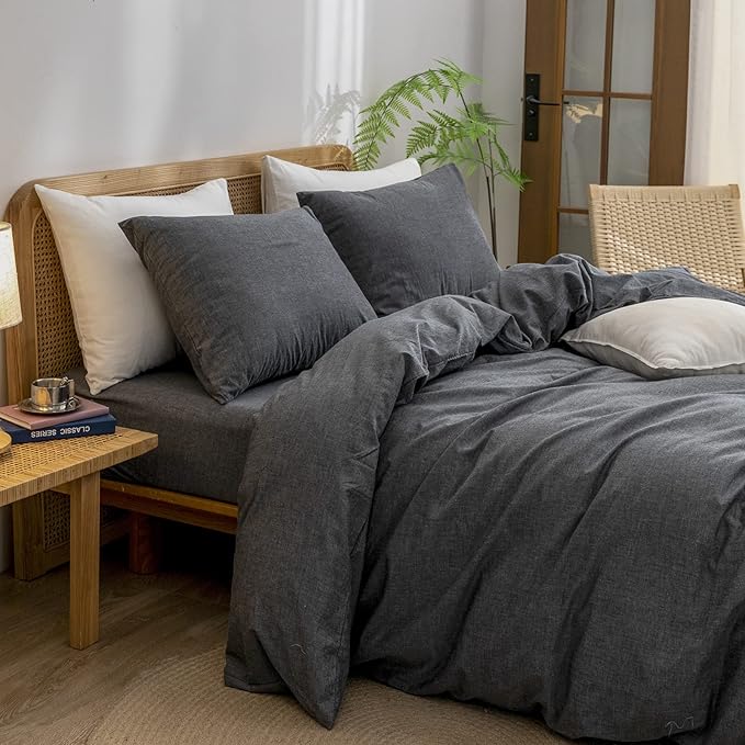 BESTOUCH Duvet Cover Set 100% Washed Cotton Linen Feel Super Soft Comfortable Chic Lightweight 3 PCs Home Bedding Set Solid Dark Black Queen