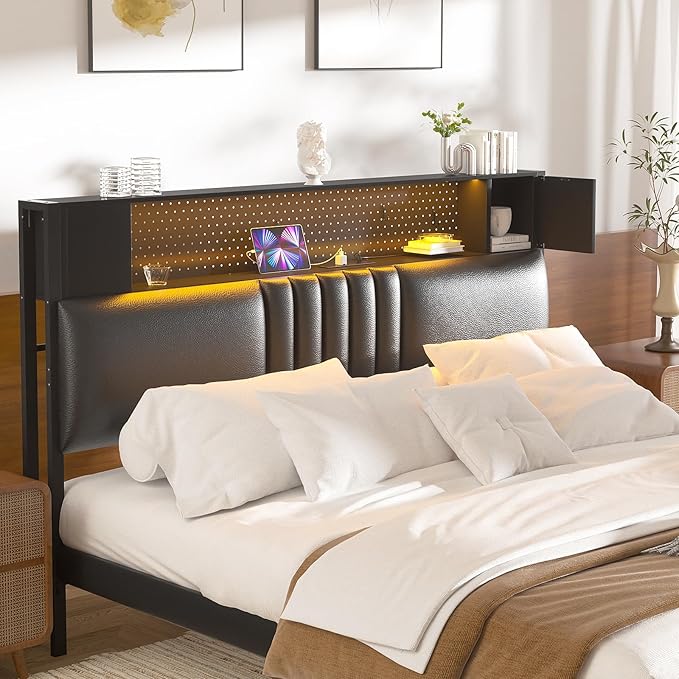 Unikito Headboard for Full Size Bed with Storage and Cabinet, Black Upholstered Headboards with Outlets, USB Ports, and DIY Color of LED Light, Full Head Board Only, Comfortable Headboard, Black