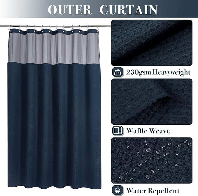 N&Y HOME Waffle Weave Shower Curtain with Snap-in Fabric Liner & Metal Hooks Set - Hotel Style, Mesh Top Window, Water-Repellent & Washable - 71x72, Navy Blue
