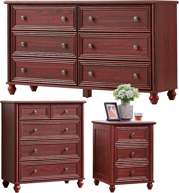 Farmhouse Dressers & Night Stand Set of 3, Wood 54" Wide Dresser & 35.5"Tall Chest of Drawers, 18" Roman Column Nightstand, Bedroom Furniture 6 Drawer Dresser Set for Bedroom Home Living Room Hallway