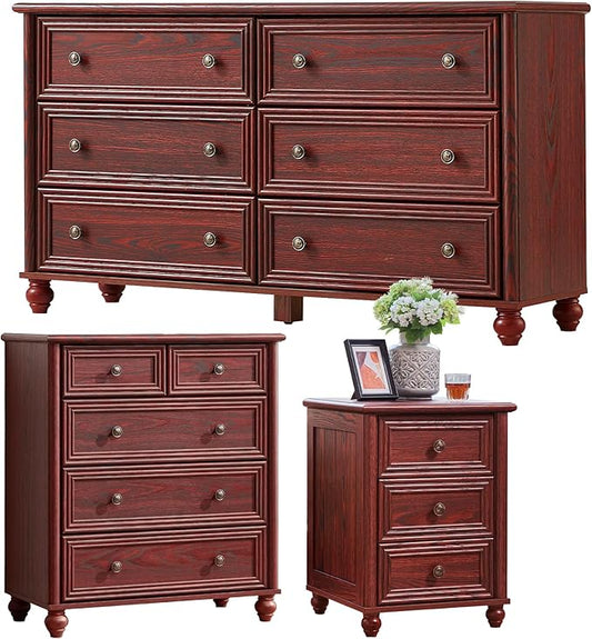 Farmhouse Dressers & Night Stand Set of 3, Wood 54" Wide Dresser & 35.5"Tall Chest of Drawers, 18" Roman Column Nightstand, Bedroom Furniture 6 Drawer Dresser Set for Bedroom Home Living Room Hallway