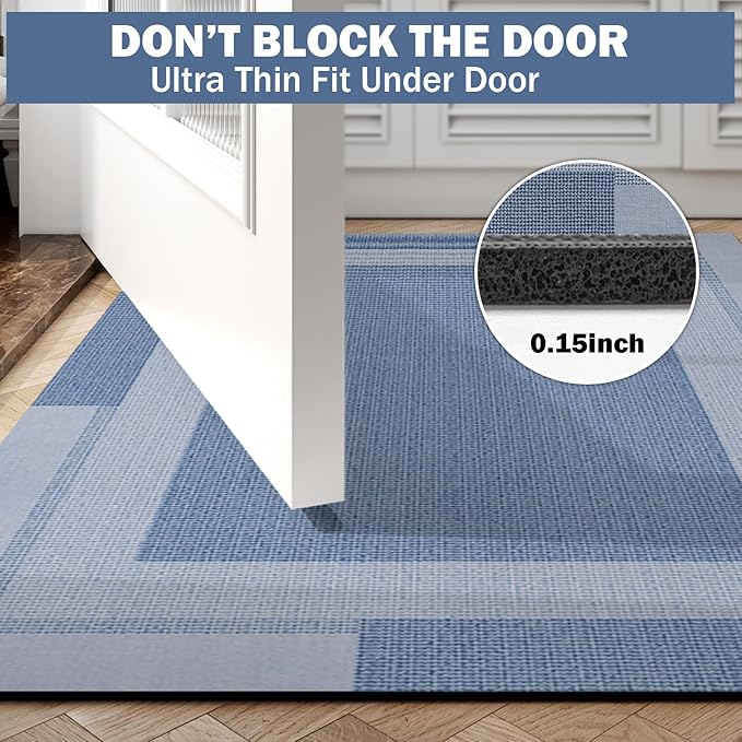 Non Slip Bath Mat, Rubber Backing Ultra Thin Bathroom Rugs Fit Under Door Quick Dry Super Absorbent Washable Bath Rug Shower Mat for Bathroom Floor Bathtub Shower Sink, Easy Care Blue 20"x 32"