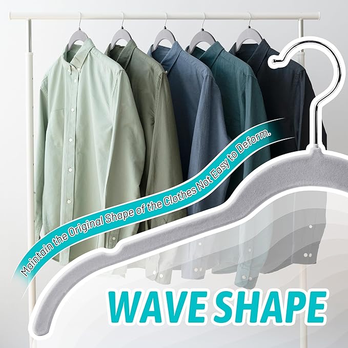 Premium Velvet Shirt Hangers 30 Pack, Space-Saving Non-Slip Felt Hanger with 360° Swivel Hook, Slim Flocked Hangers for Strappy Dresses, Blouses, Tank Tops(Grey)
