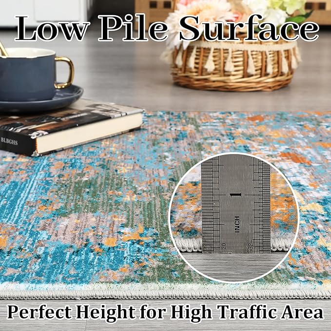 9x12 Modern Abstract Accent Rug Non Slip Stain Resistant Washable Throw Rug Low Pile Indoor Floor Cover for Living Room Bedroom Office Home Decor, Multi Color